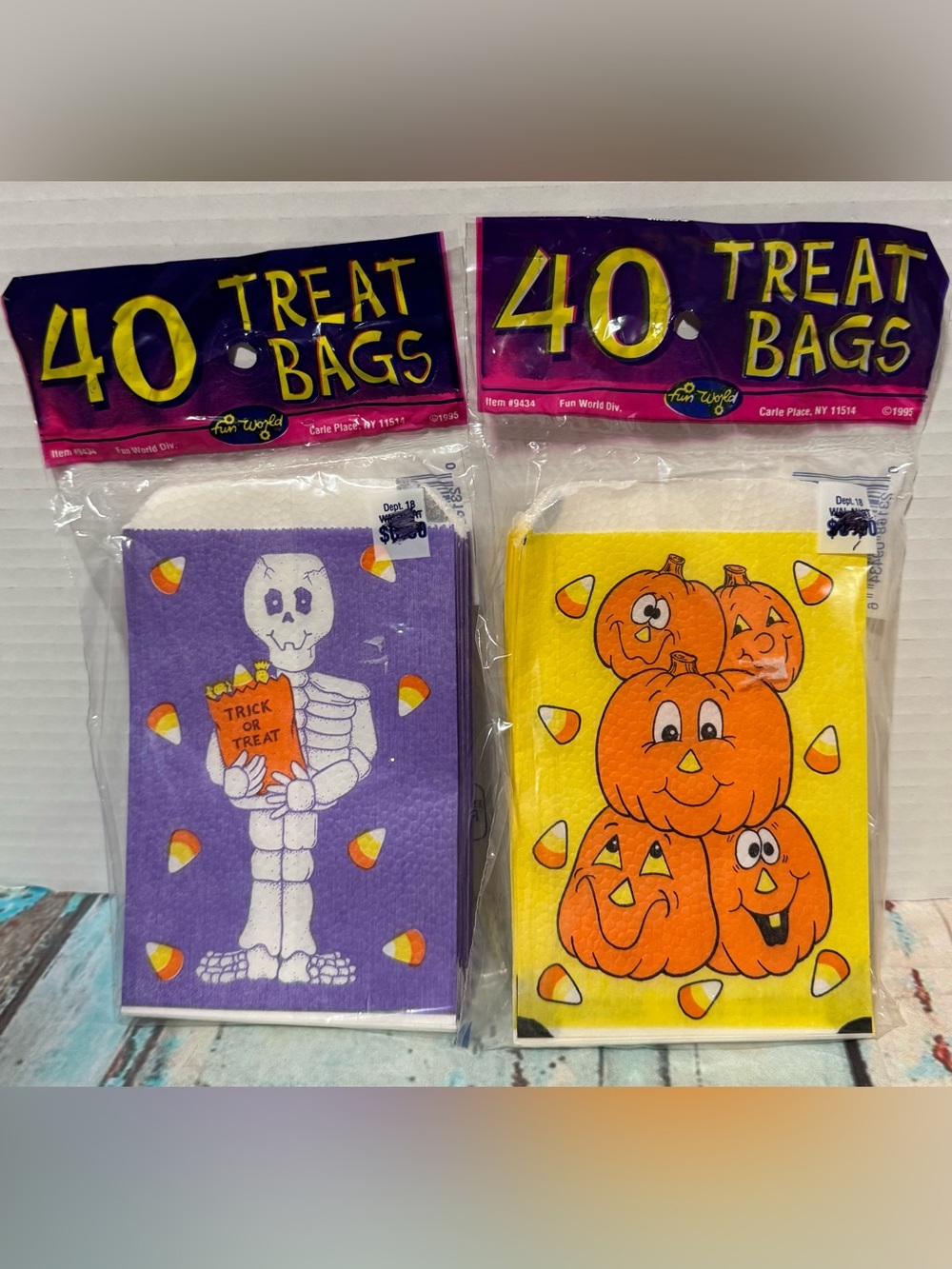 1995 Fun World Halloween treat bags featuring a skeleton and jack-o'-lantern